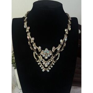 Vintage Gold Tone Aurora Borealis Rhinestone‎ Bib Necklace 21" Adjustable